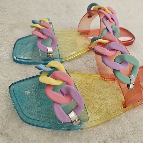 NEW Colorful Sandals Slides Size 9 Pastel Rainbow Jelly Transparent Summer - Picture 3 of 5